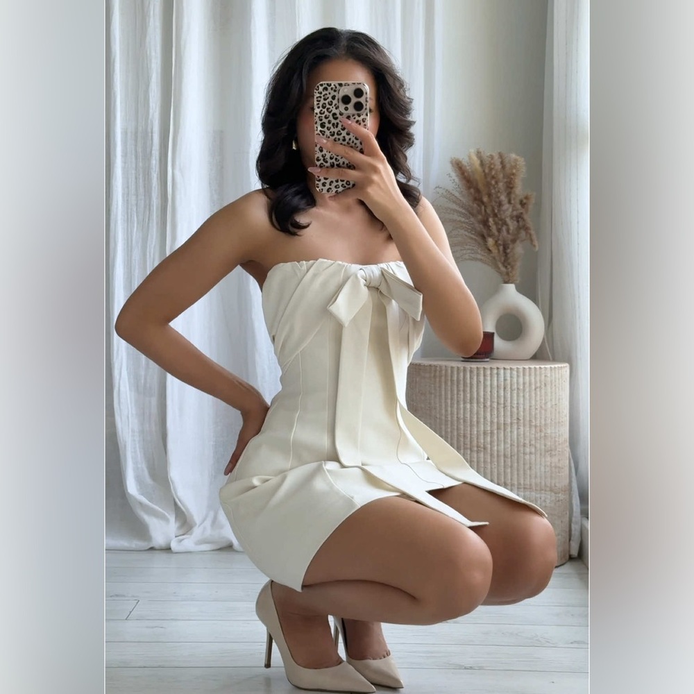 Zara Oyster White Bow Bustier Dress